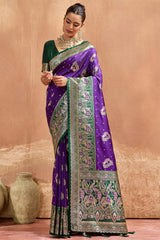 Glowing Purple Pure Zari Weaving Banarasi Silk Saree With Unique Blouse Piece