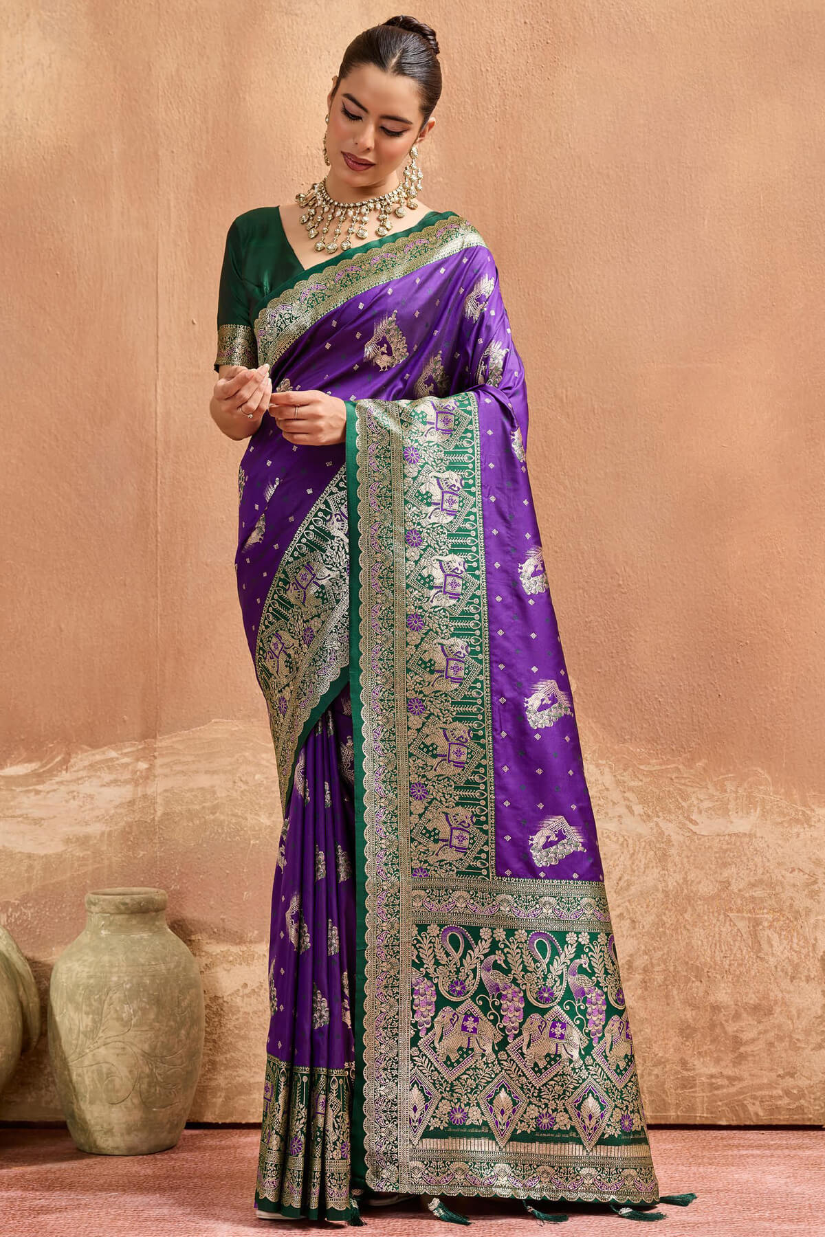 Glowing Purple Pure Zari Weaving Banarasi Silk Saree With Unique Blouse Piece