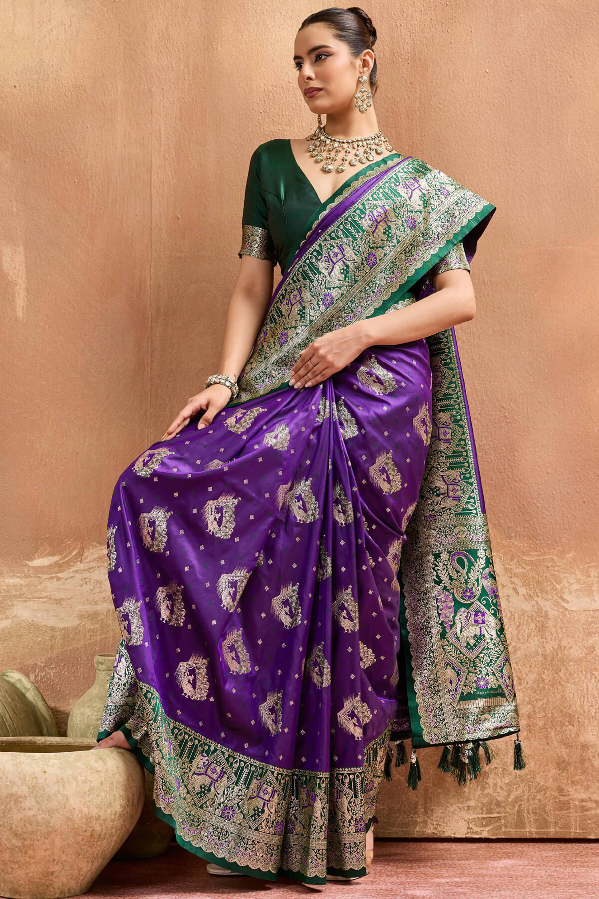 Glowing Purple Pure Zari Weaving Banarasi Silk Saree With Unique Blouse Piece