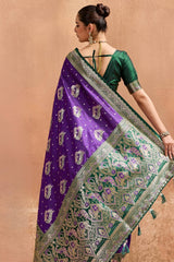 Glowing Purple Pure Zari Weaving Banarasi Silk Saree With Unique Blouse Piece