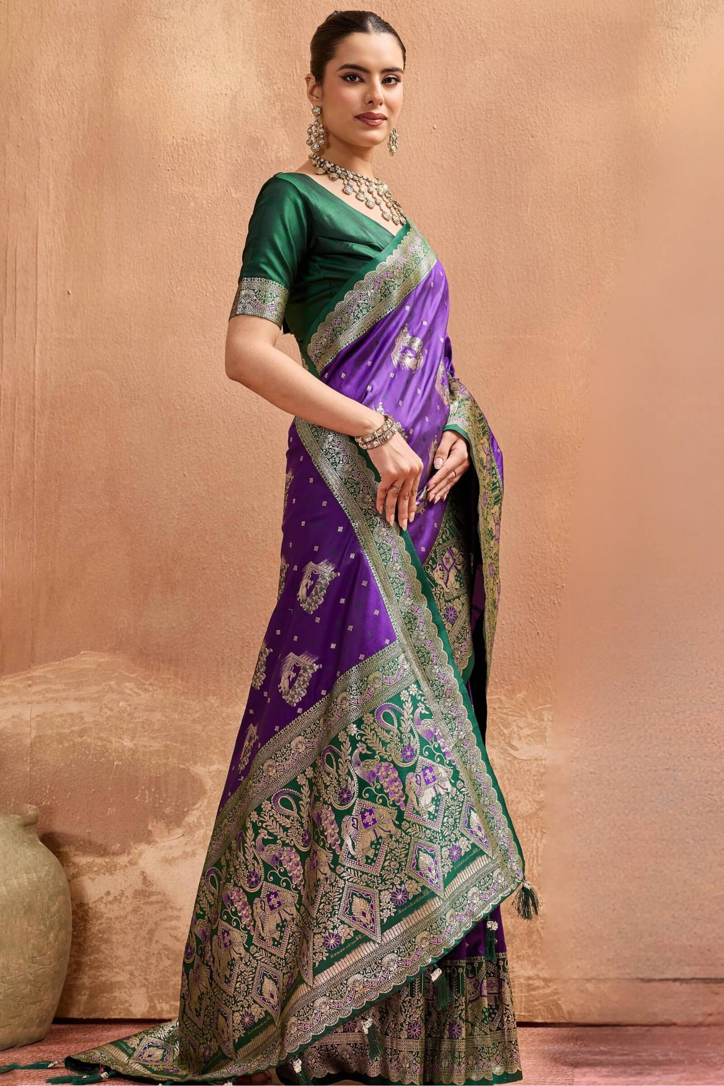 Glowing Purple Pure Zari Weaving Banarasi Silk Saree With Unique Blouse Piece