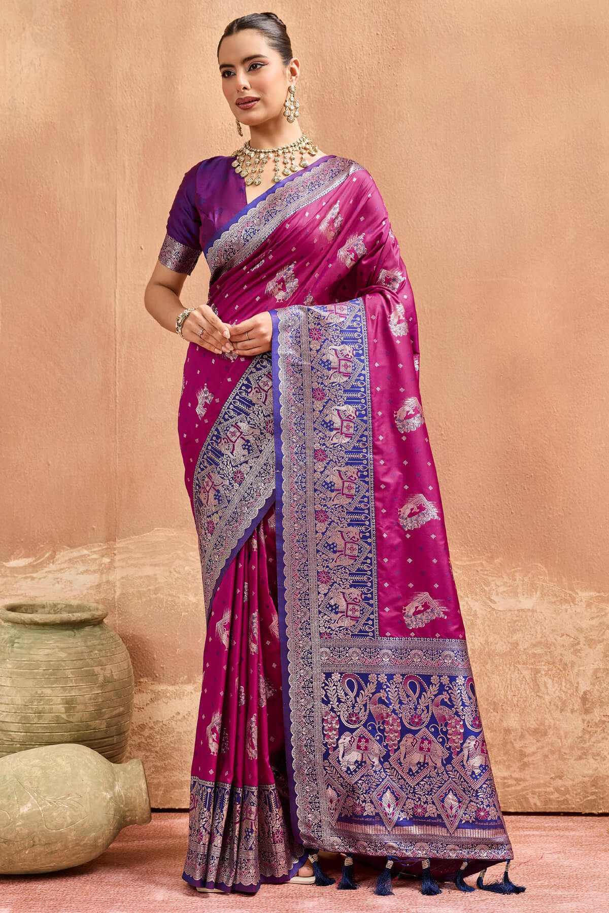 Glamorous Wine Pure Zari Weaving Banarasi Silk Saree With Stylish Blouse Piece