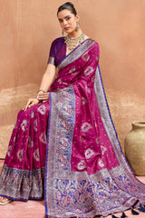 Glamorous Wine Pure Zari Weaving Banarasi Silk Saree With Stylish Blouse Piece