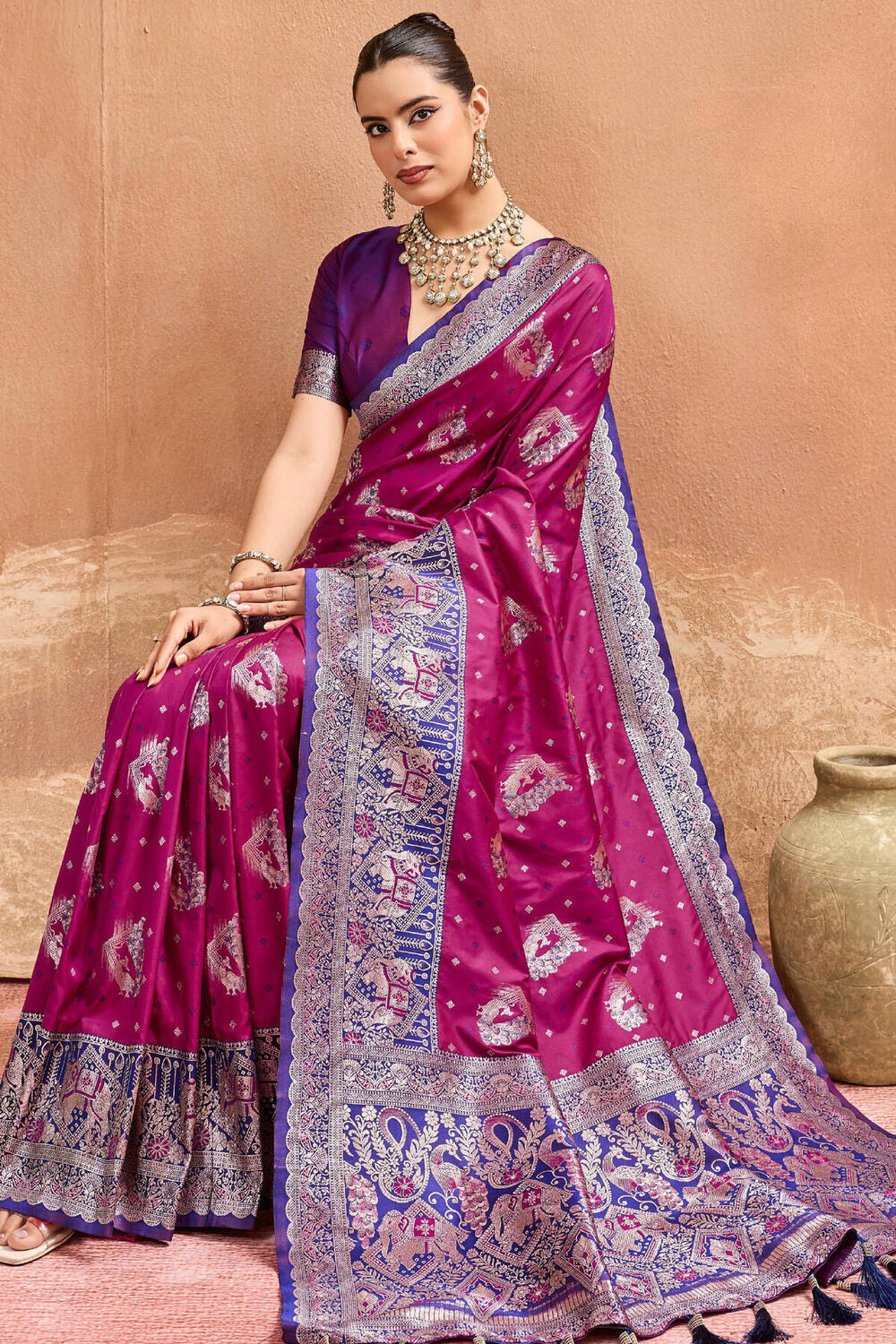 Glamorous Wine Pure Zari Weaving Banarasi Silk Saree With Stylish Blouse Piece