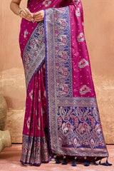 Glamorous Wine Pure Zari Weaving Banarasi Silk Saree With Stylish Blouse Piece