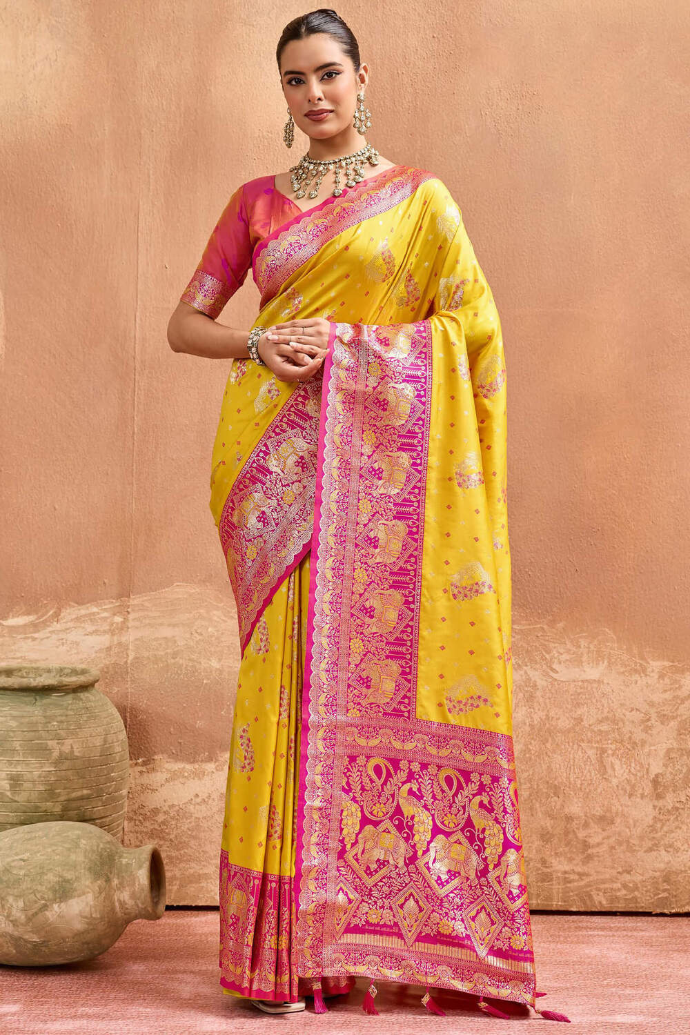 Incredible Yellow Pure Zari Weaving Banarasi Silk Saree With Radiant Blouse Piece