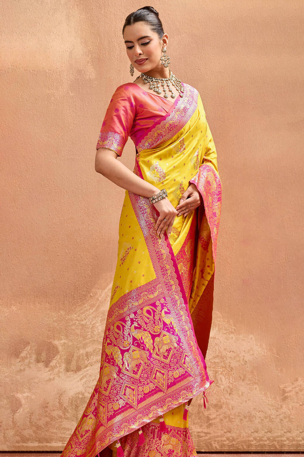 Incredible Yellow Pure Zari Weaving Banarasi Silk Saree With Radiant Blouse Piece