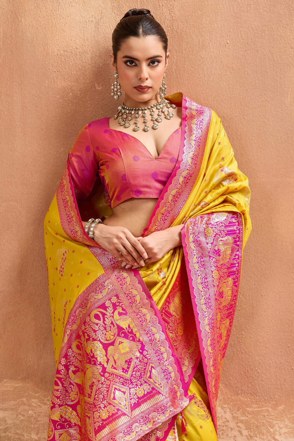 Incredible Yellow Pure Zari Weaving Banarasi Silk Saree With Radiant Blouse Piece