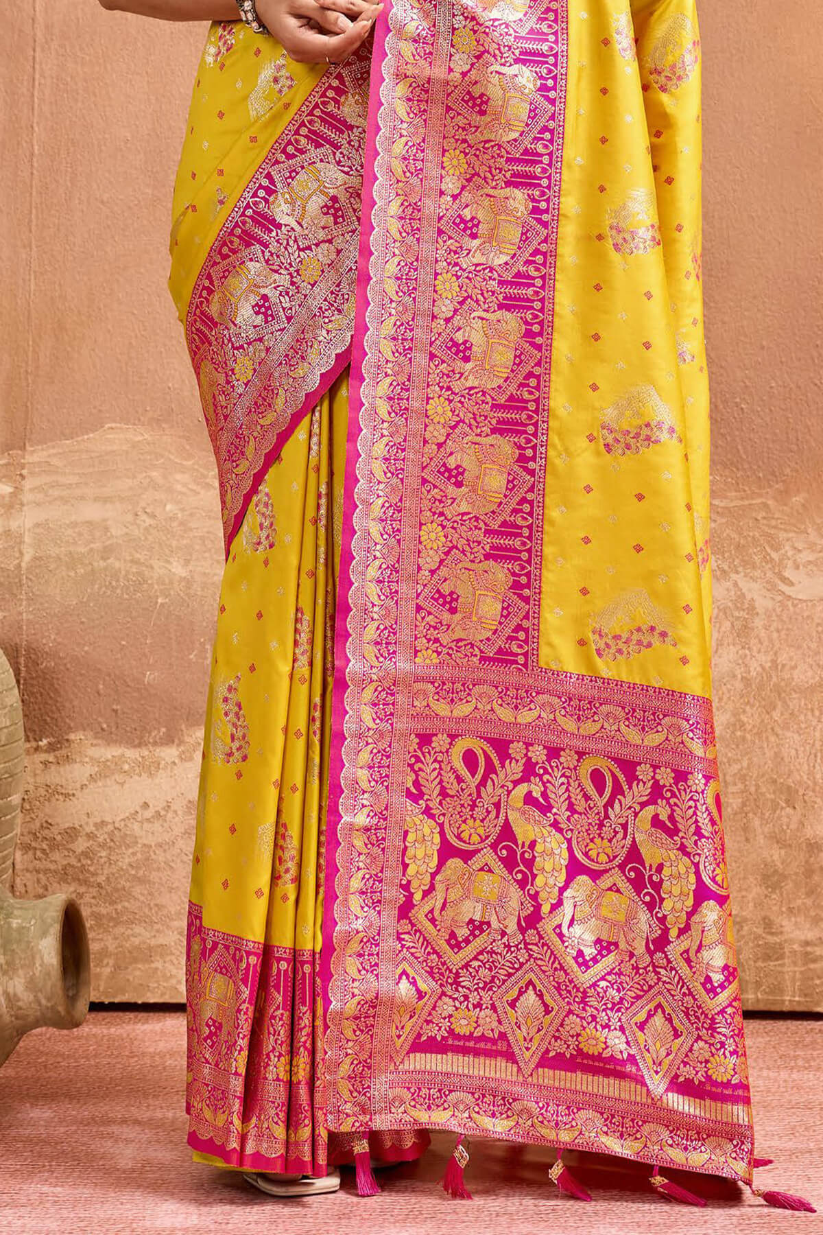 Incredible Yellow Pure Zari Weaving Banarasi Silk Saree With Radiant Blouse Piece