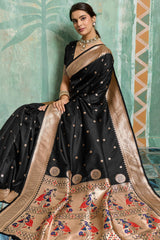 Cynosure Black Paithani Silk Saree With Wonderful Blouse Piece