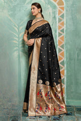 Cynosure Black Paithani Silk Saree With Wonderful Blouse Piece