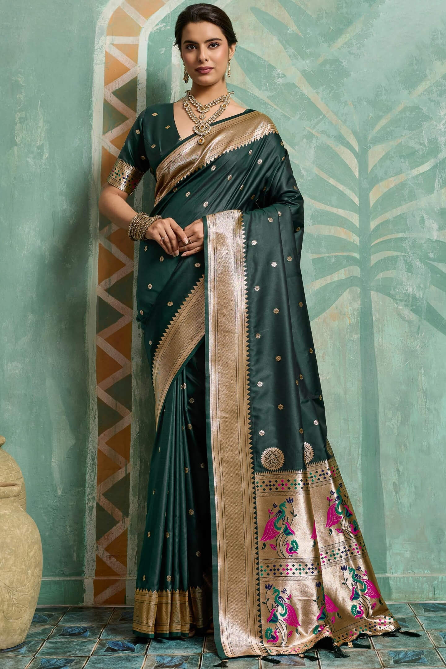 Prominent Dark Green Paithani Silk Saree With Whimsical Blouse Piece