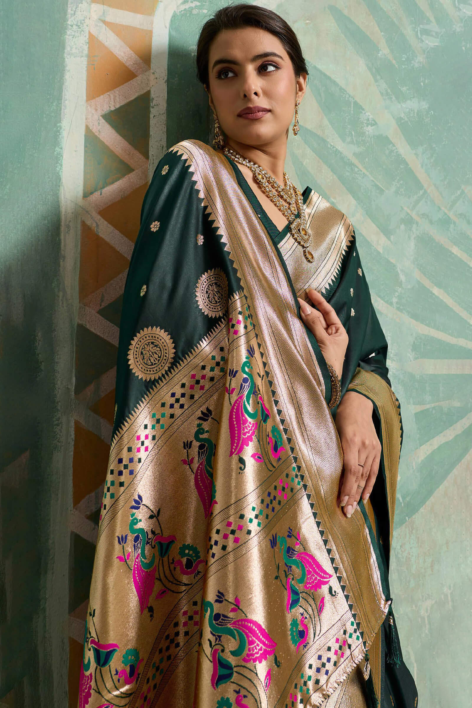 Prominent Dark Green Paithani Silk Saree With Whimsical Blouse Piece