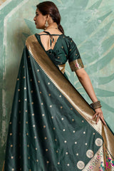 Prominent Dark Green Paithani Silk Saree With Whimsical Blouse Piece