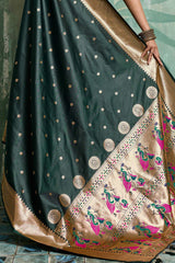 Prominent Dark Green Paithani Silk Saree With Whimsical Blouse Piece