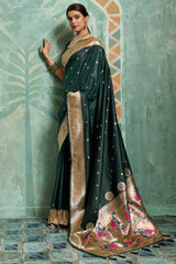 Prominent Dark Green Paithani Silk Saree With Whimsical Blouse Piece