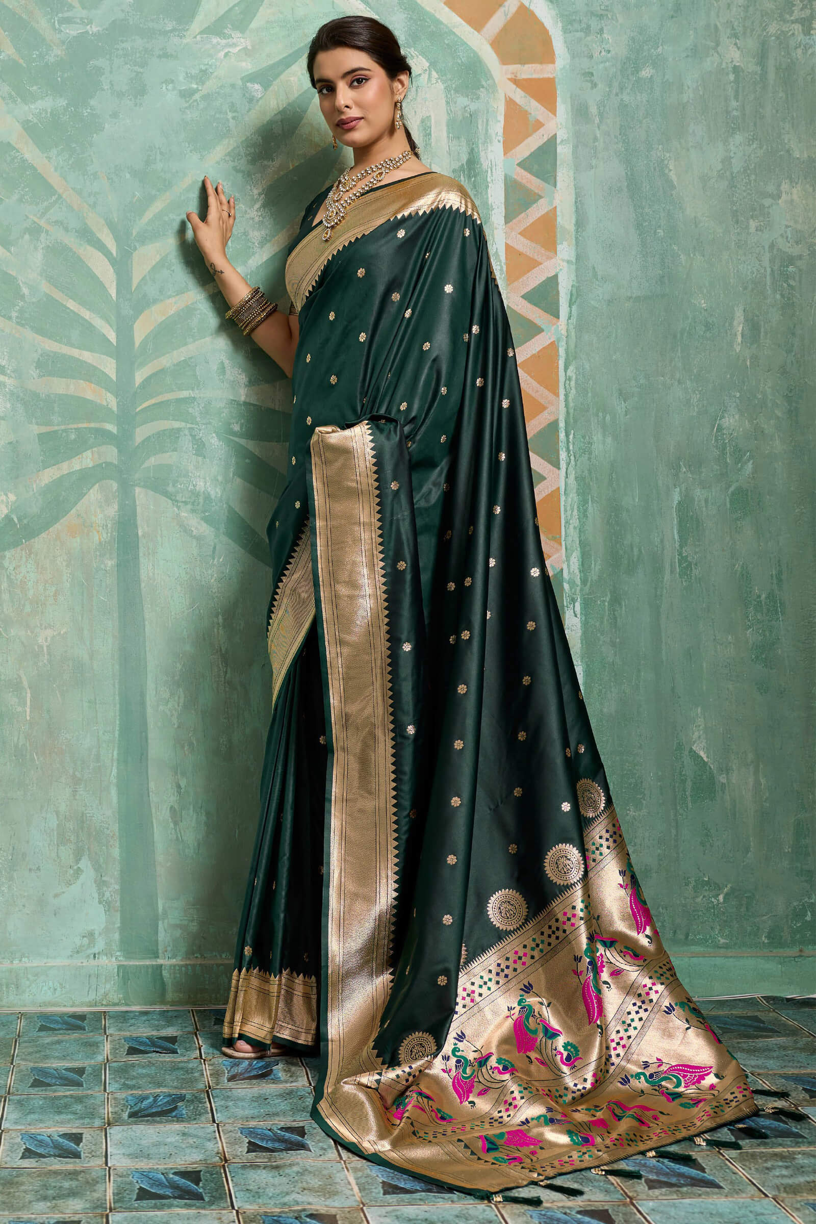 Prominent Dark Green Paithani Silk Saree With Whimsical Blouse Piece