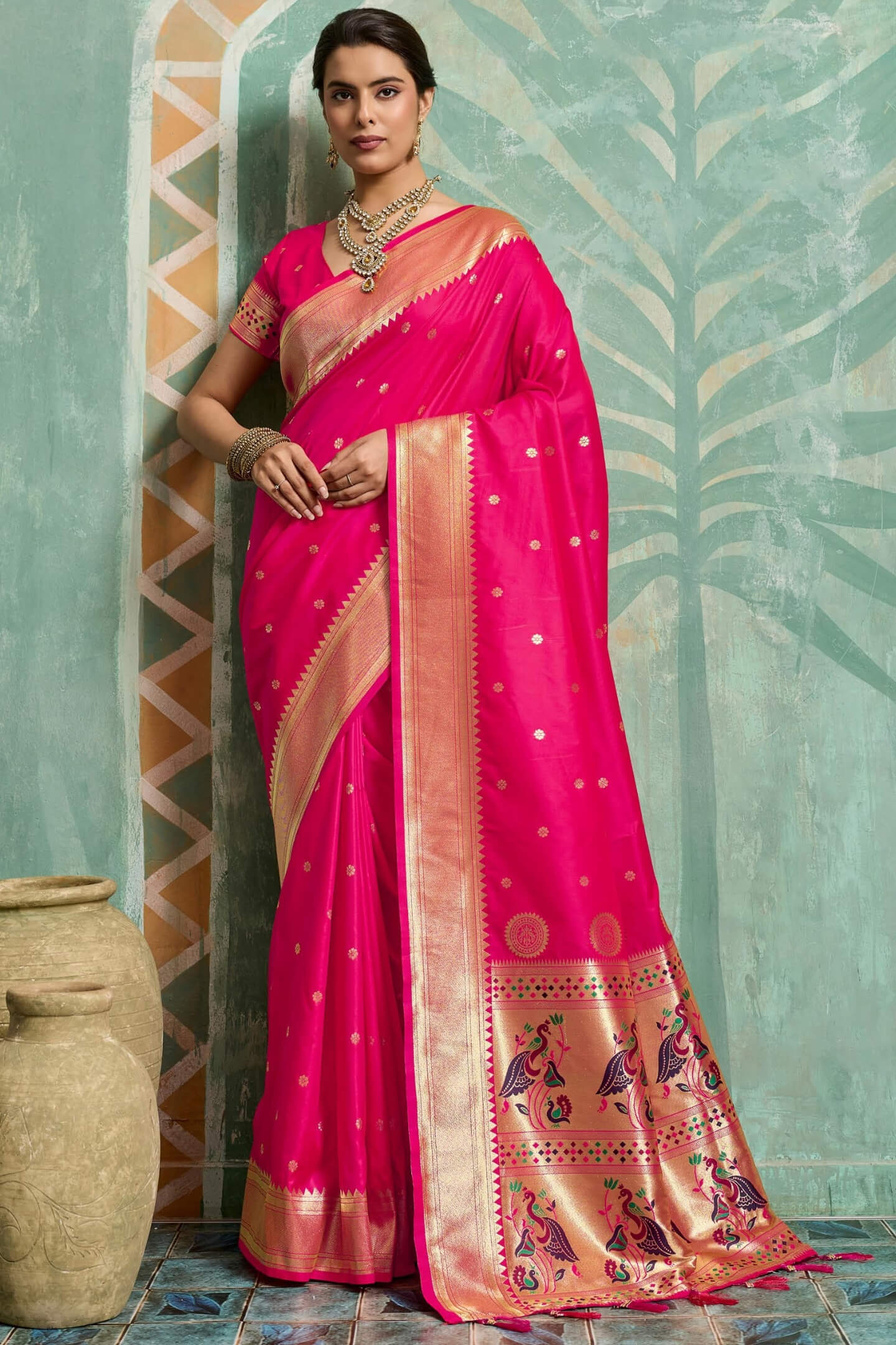 Profuse Dark Pink Paithani Silk Saree With Arresting Blouse Piece