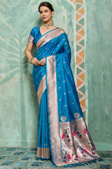 Serendipity Firozi Paithani Silk Saree With Imbrication Blouse Piece