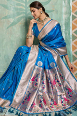 Serendipity Firozi Paithani Silk Saree With Imbrication Blouse Piece