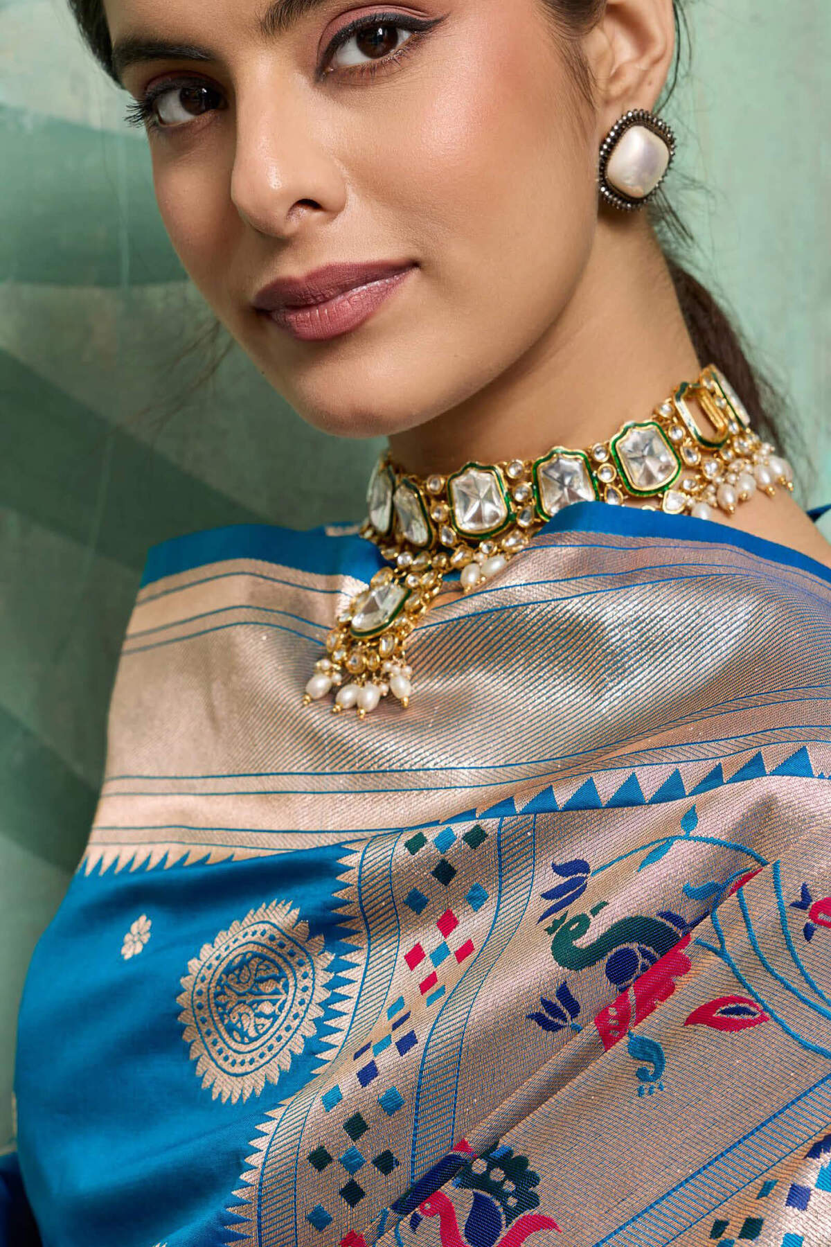 Serendipity Firozi Paithani Silk Saree With Imbrication Blouse Piece