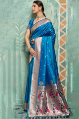 Serendipity Firozi Paithani Silk Saree With Imbrication Blouse Piece
