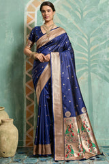 Elision Navy Blue Paithani Silk Saree With Beautiful Blouse Piece