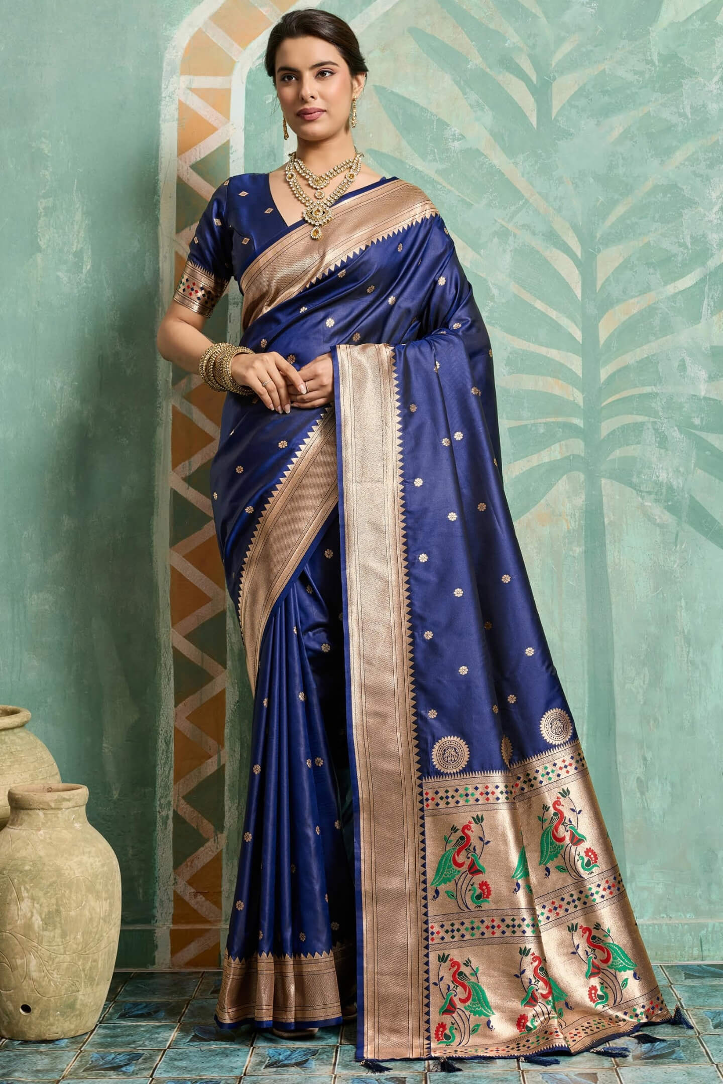 Elision Navy Blue Paithani Silk Saree With Beautiful Blouse Piece