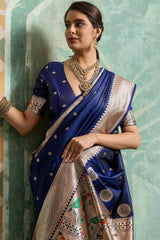 Elision Navy Blue Paithani Silk Saree With Beautiful Blouse Piece