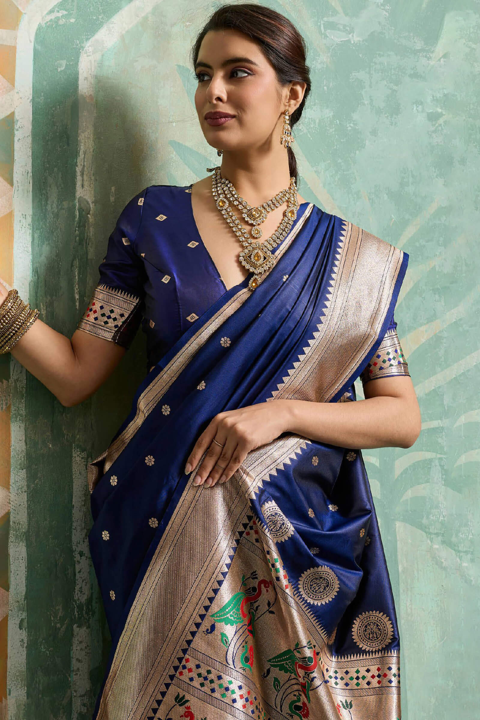 Elision Navy Blue Paithani Silk Saree With Beautiful Blouse Piece