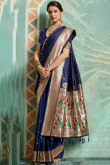 Elision Navy Blue Paithani Silk Saree With Beautiful Blouse Piece