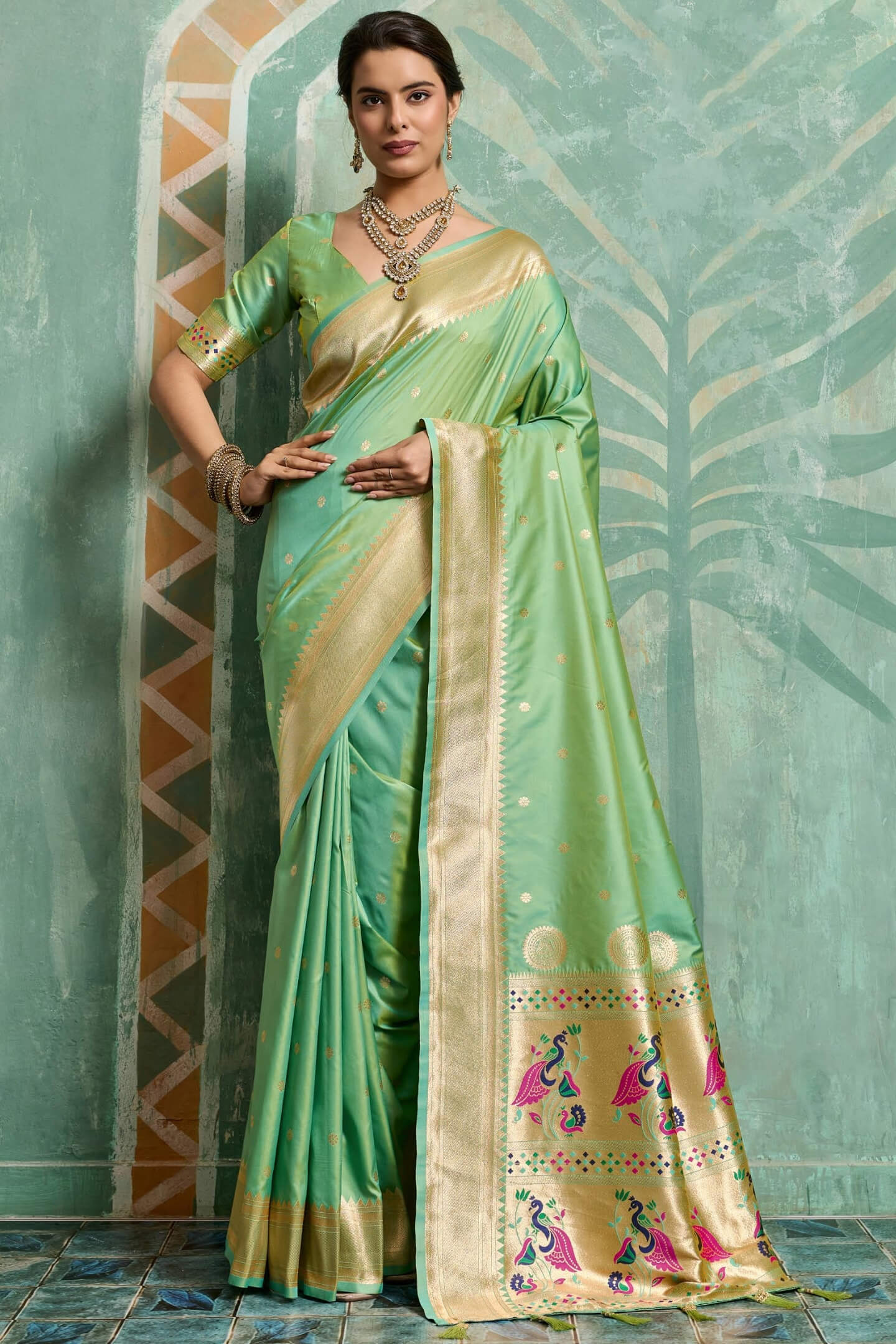 Exceptional Pista Paithani Silk Saree With Groovy Blouse Piece