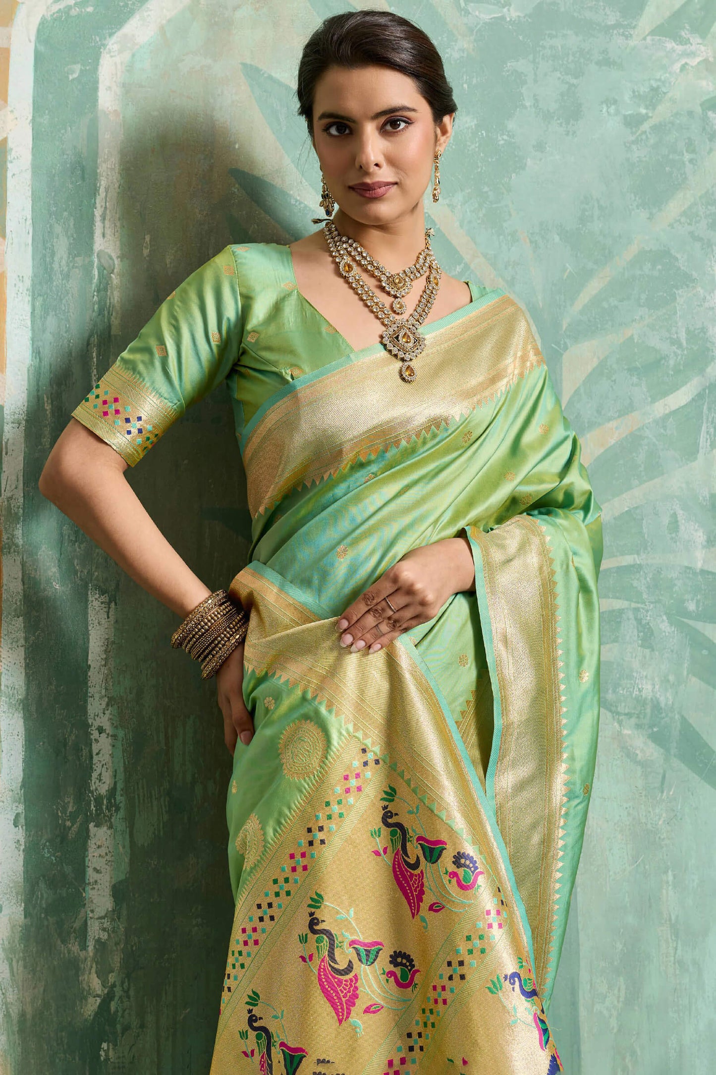 Exceptional Pista Paithani Silk Saree With Groovy Blouse Piece