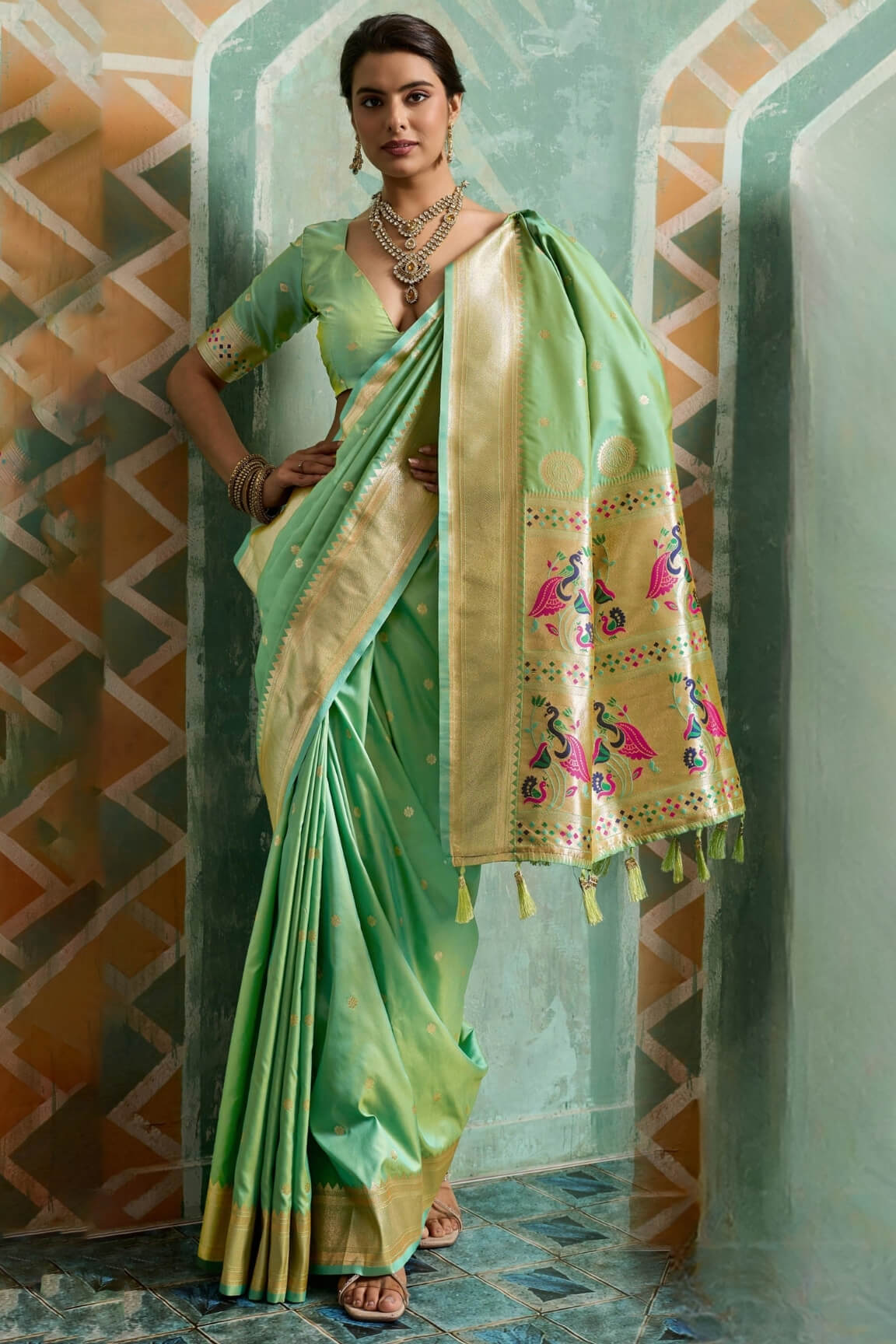 Exceptional Pista Paithani Silk Saree With Groovy Blouse Piece