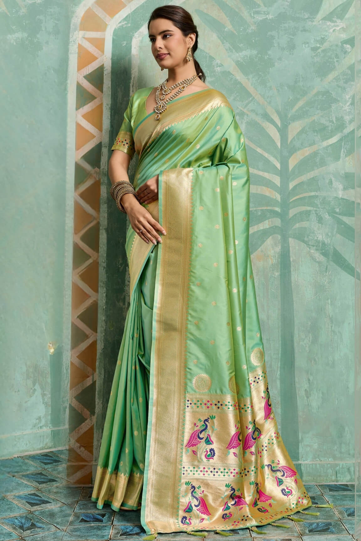 Exceptional Pista Paithani Silk Saree With Groovy Blouse Piece