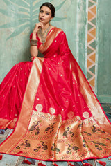 Flamboyant Red Paithani Silk Saree With Amazing Blouse Piece