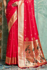 Flamboyant Red Paithani Silk Saree With Amazing Blouse Piece