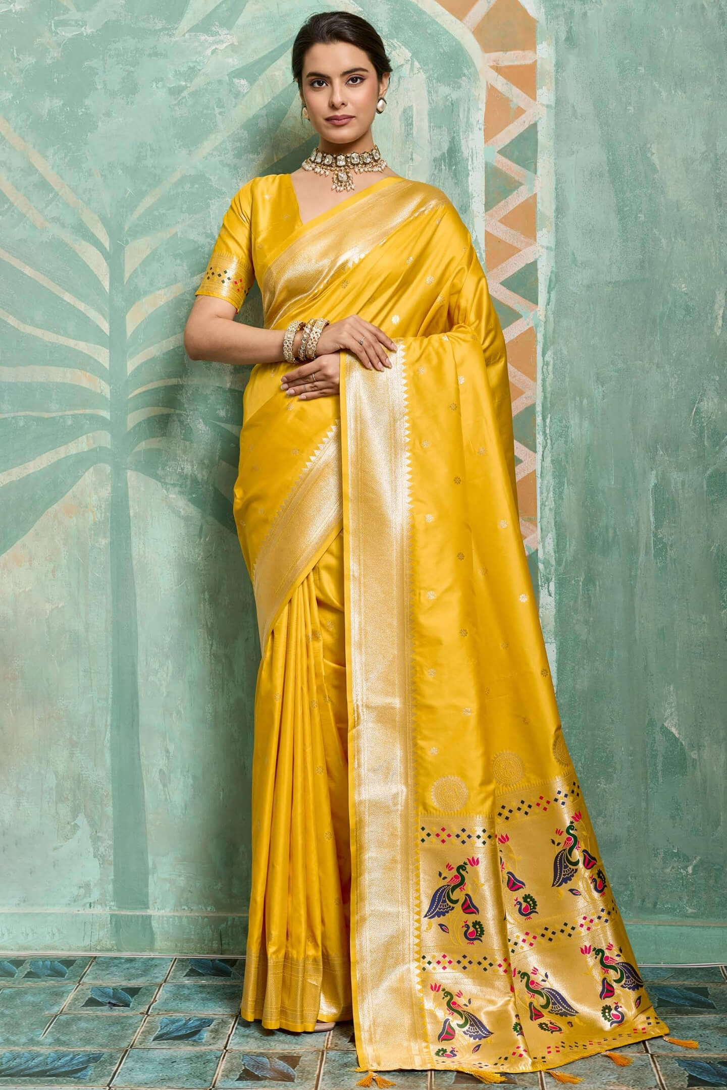Jubilant Yellow Paithani Silk Saree With Sempiternal Blouse Piece