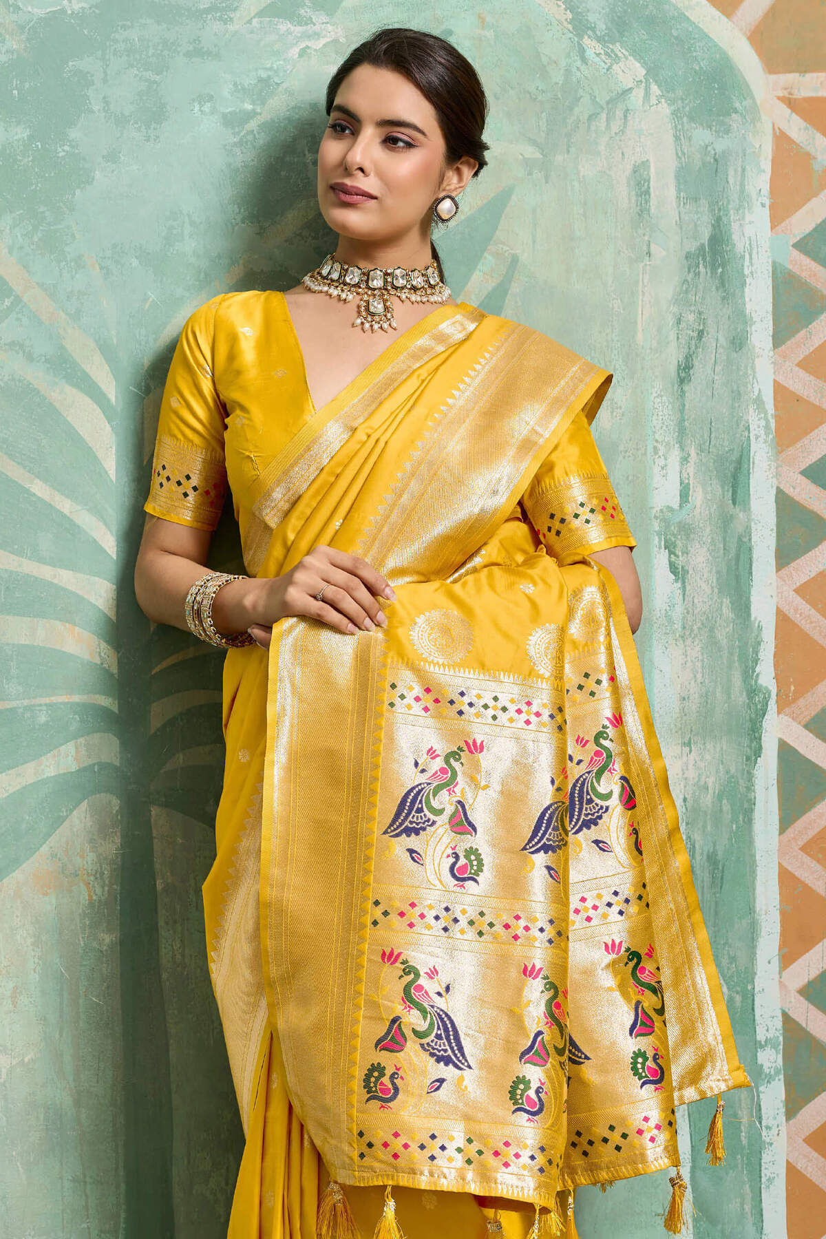 Jubilant Yellow Paithani Silk Saree With Sempiternal Blouse Piece