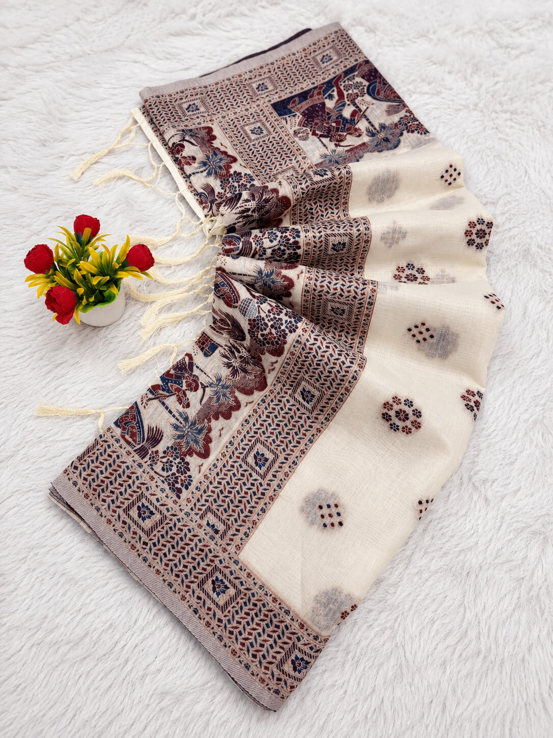 Nemesis Beige Pashmina Silk Saree With Dazzling Blouse Piece