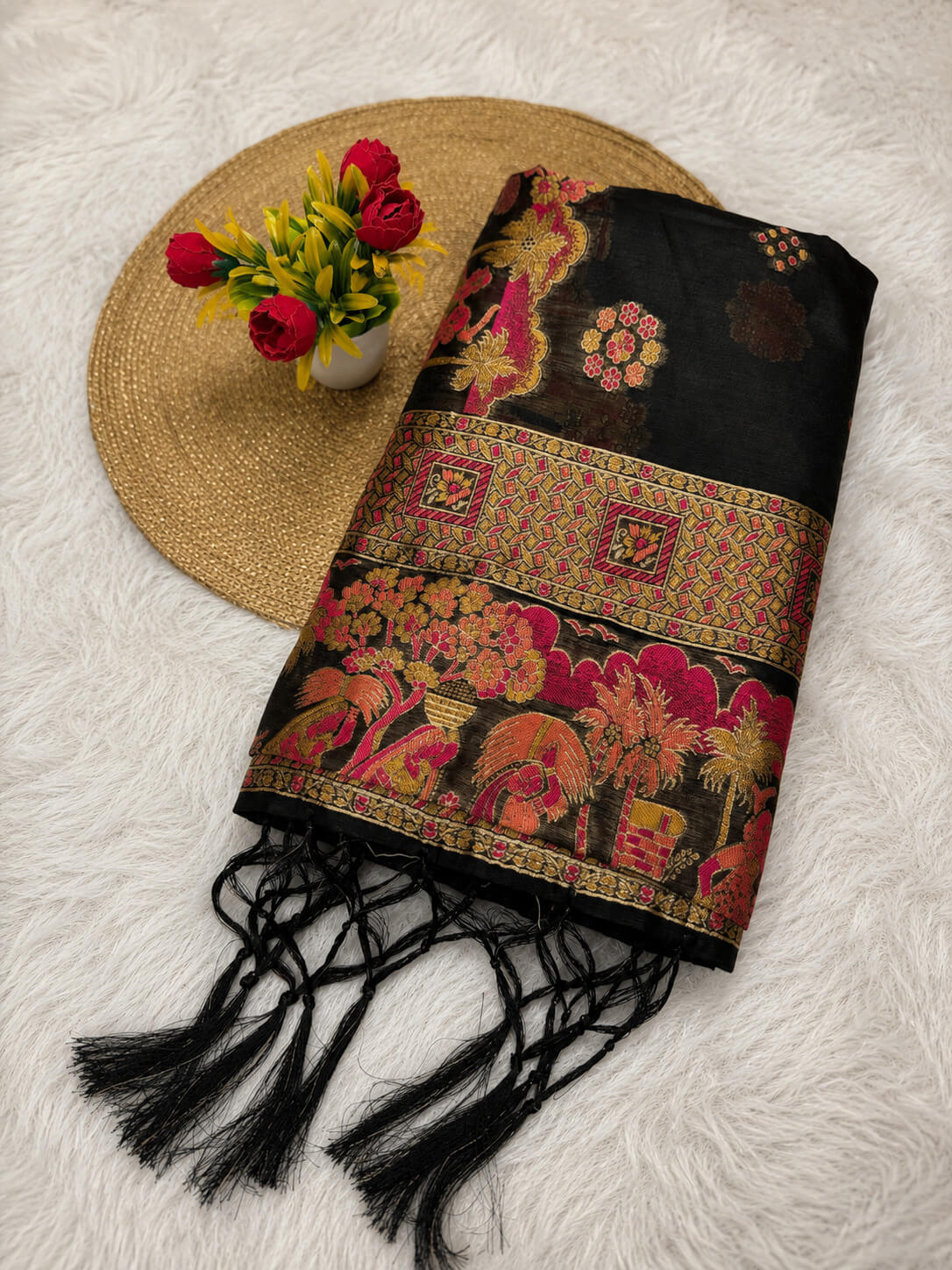 Winsome Black Pashmina Silk Saree With Cynosure Blouse Piece
