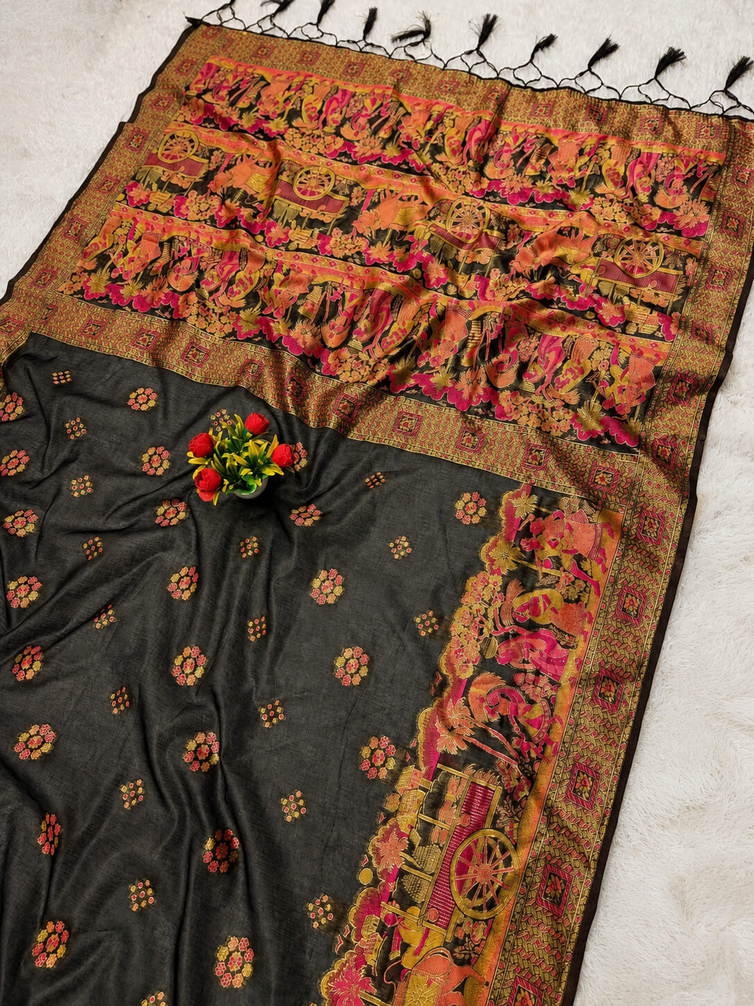 Winsome Black Pashmina Silk Saree With Cynosure Blouse Piece
