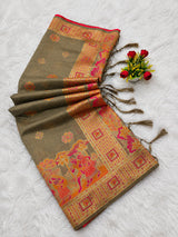 Ephemeral Grey Pashmina Silk Saree With Energetic Blouse Piece