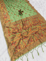 Smashing Pista Pashmina Silk Saree With Blooming Blouse Piece