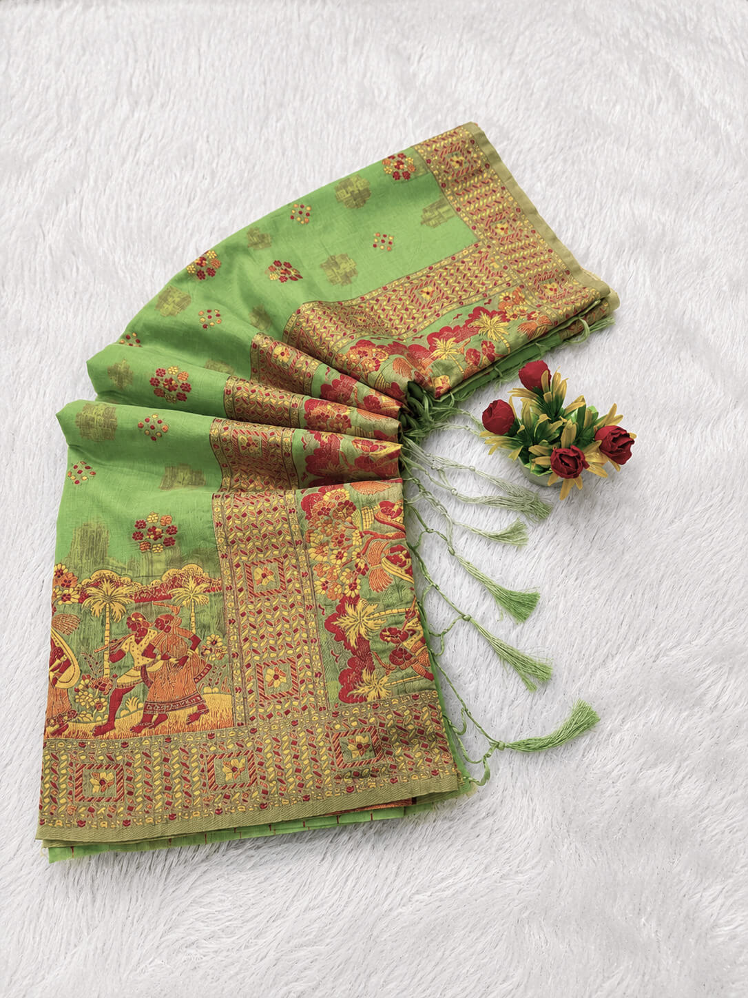 Smashing Pista Pashmina Silk Saree With Blooming Blouse Piece