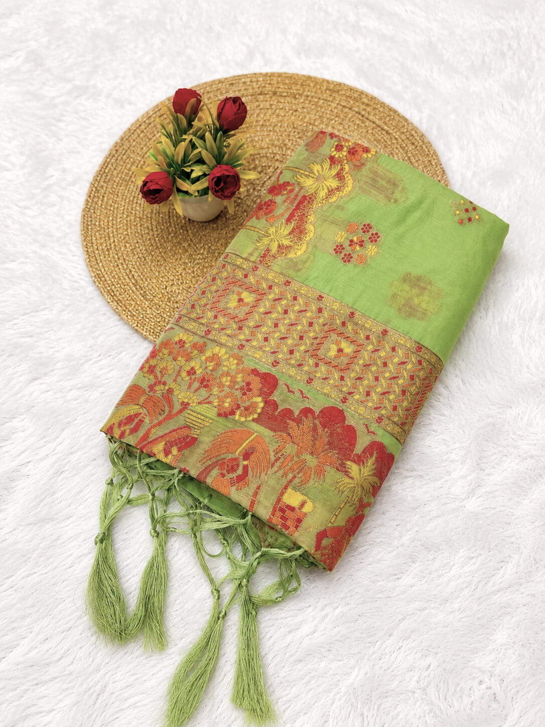 Smashing Pista Pashmina Silk Saree With Blooming Blouse Piece