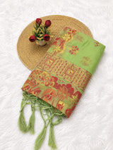 Smashing Pista Pashmina Silk Saree With Blooming Blouse Piece