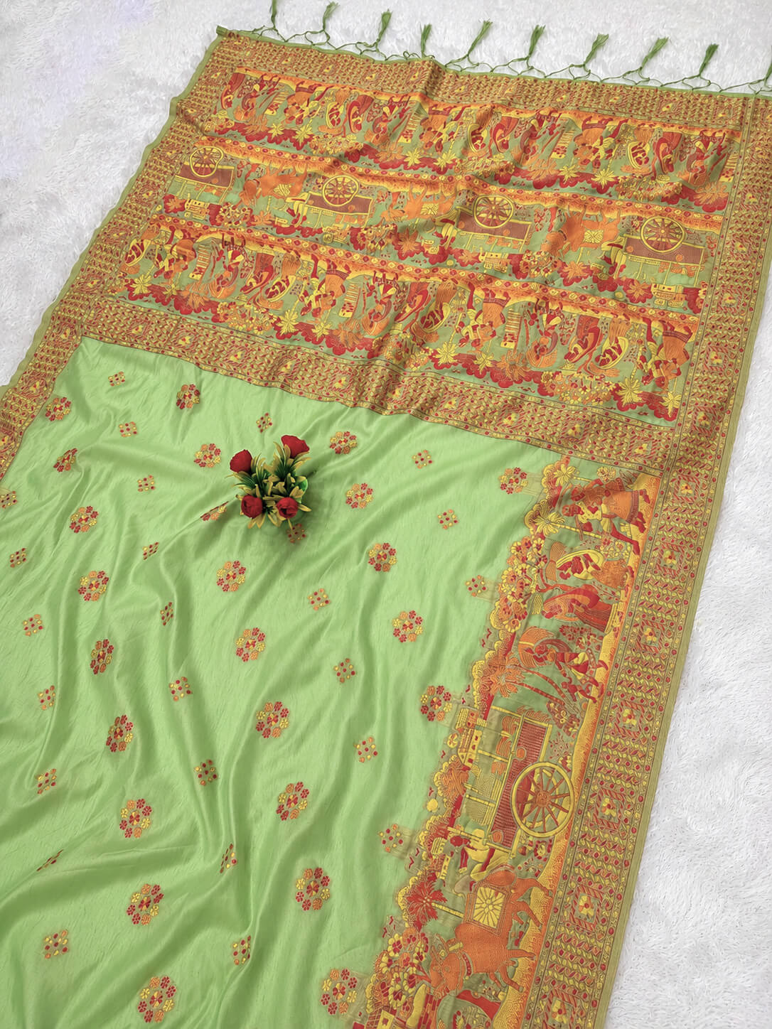 Smashing Pista Pashmina Silk Saree With Blooming Blouse Piece