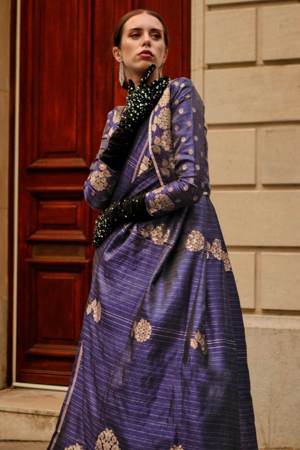 Navy Blue Satin Silk Saree