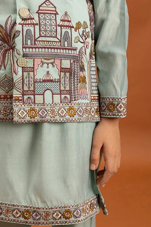 Wedding Sky Blue Koti Kurta Set for Kids 6-12 Yrs